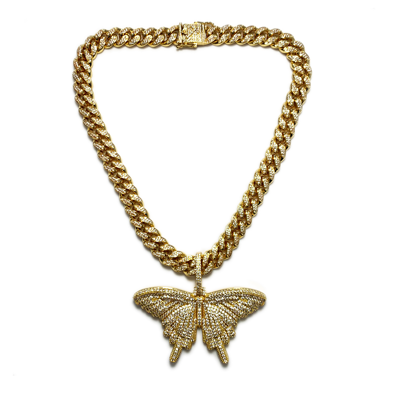 Fashion Bling Pink Butterfly Halskæde Stor størrelse skinnende sommerfugl vedhæng med cubansk kæde